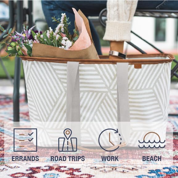 CleverMade Collapsible LUXE Tote, Geometric Taupe - 30L (8 Gal) Structured Tote Bag with Handles and Reinforced Bottom - Reusable Grocery Bag, Shopping Bag, Utility Tote Bag - Image 4