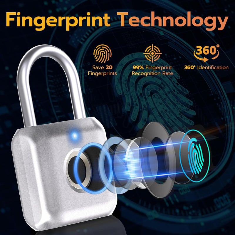 Pothunder Fingerprint Padlock, Smart Padlock, Locker Lock, Biometric Metal Keyless Fingerprint Lock, USB Rechargeable, for Gym Locker, Locker, Luggage, Backpack(Silver) - Image 3