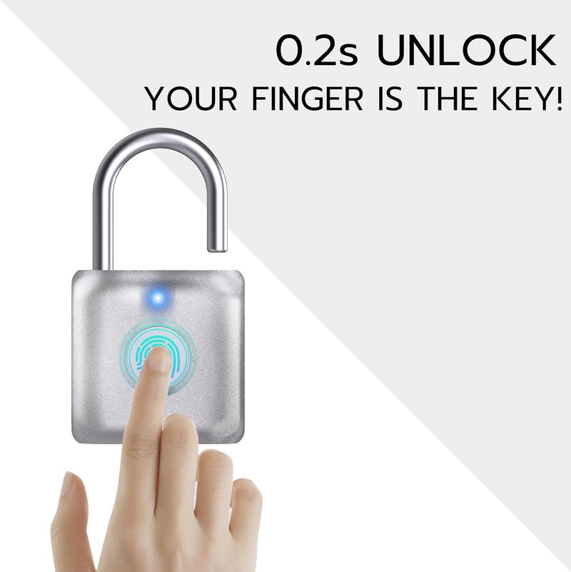Pothunder Fingerprint Padlock, Smart Padlock, Locker Lock, Biometric Metal Keyless Fingerprint Lock, USB Rechargeable, for Gym Locker, Locker, Luggage, Backpack(Silver) - Image 2
