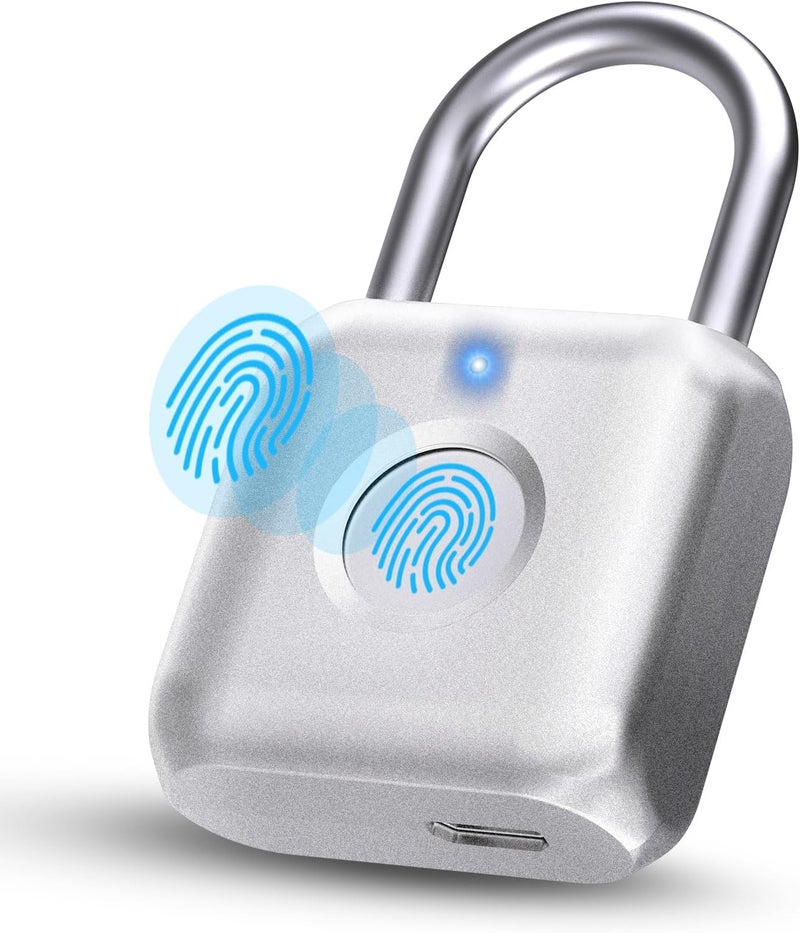 Pothunder Fingerprint Padlock, Smart Padlock, Locker Lock, Biometric Metal Keyless Fingerprint Lock, USB Rechargeable, for Gym Locker, Locker, Luggage, Backpack(Silver) - Image 1