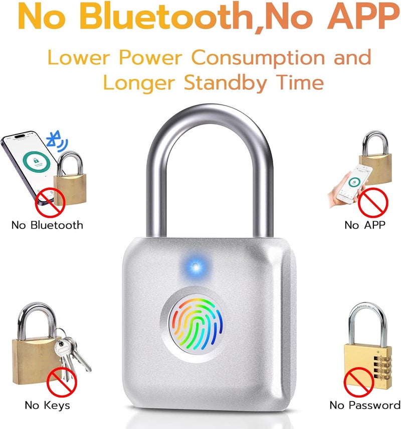 Pothunder Fingerprint Padlock, Smart Padlock, Locker Lock, Biometric Metal Keyless Fingerprint Lock, USB Rechargeable, for Gym Locker, Locker, Luggage, Backpack(Silver) - Image 4