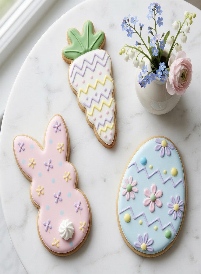 COOKIEQUE مجموعة قوالب تقطيع بسكويت عيد الفصح مكونة من 3 قطع، على شكل أرنب وبيضة وجزرة، مصنوعة من الفولاذ المقاوم للصدأ عالي الجودة والمناسب للطعام، بتصميم فريد مع غطاء أحمر واقٍ من مادة PVC. - Image 2