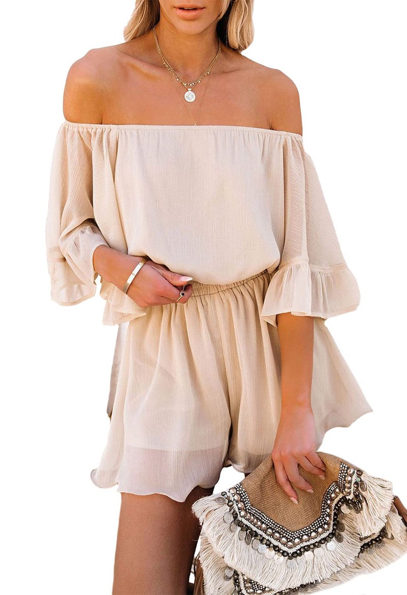 Fixmatti Ladies Chiffon Rompers Flare Sleeve Off Shoulder One Piece Summer Shorts Outfits Apricot L - Image 1