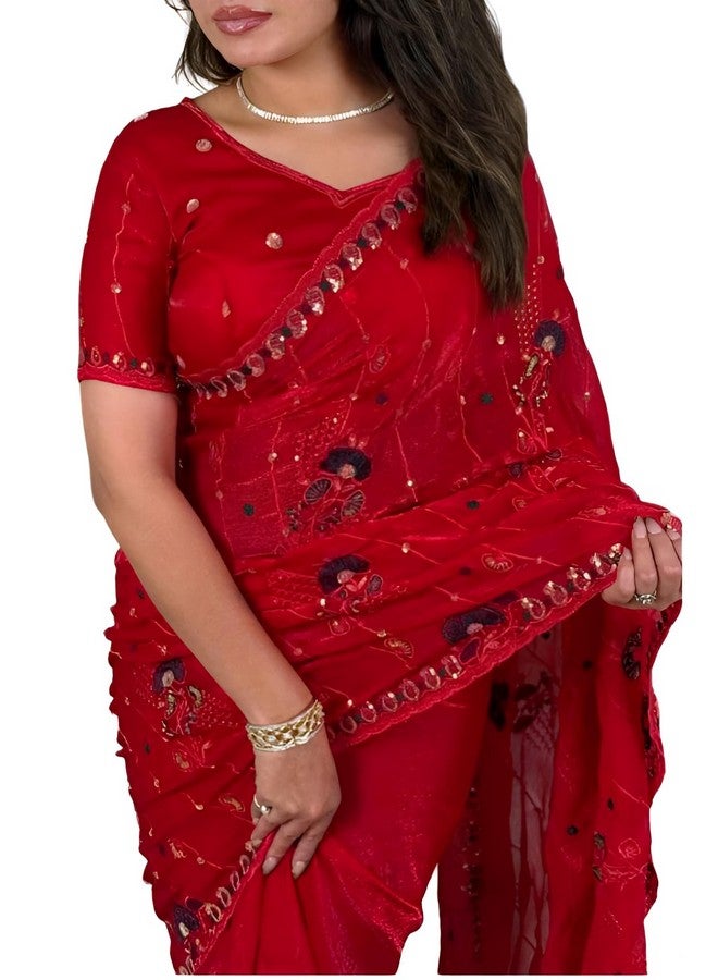 Women's Beautiful Embroidered Thread and Sequins Work Chiffon Saree With Blouse (Red)  - Image 1