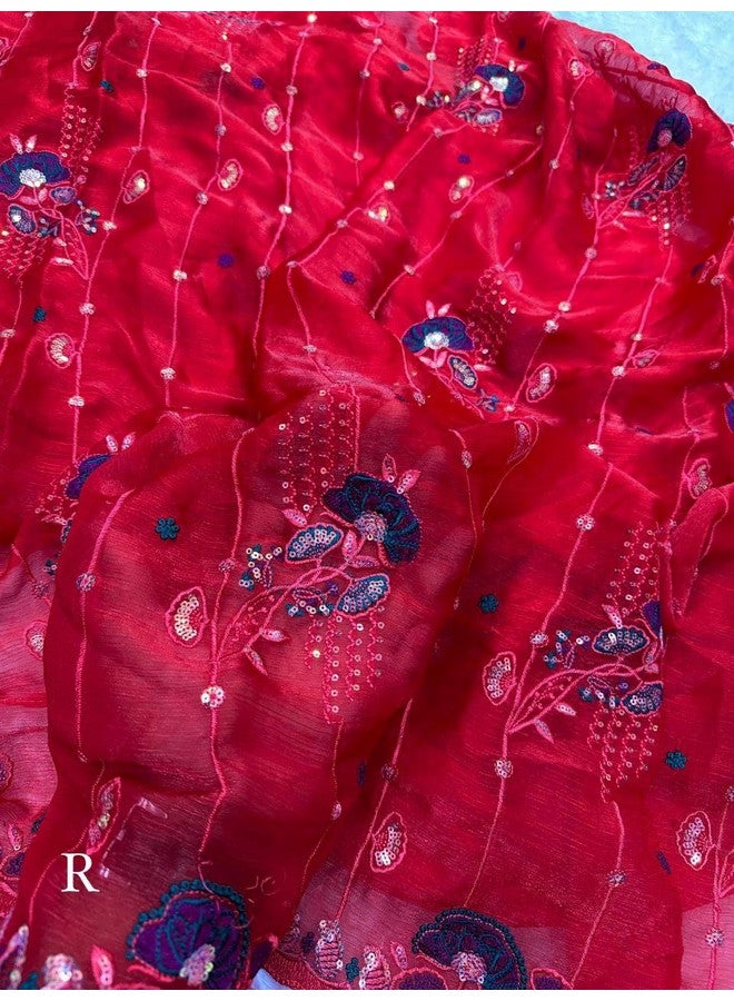 Women's Beautiful Embroidered Thread and Sequins Work Chiffon Saree With Blouse (Red)  - Image 4