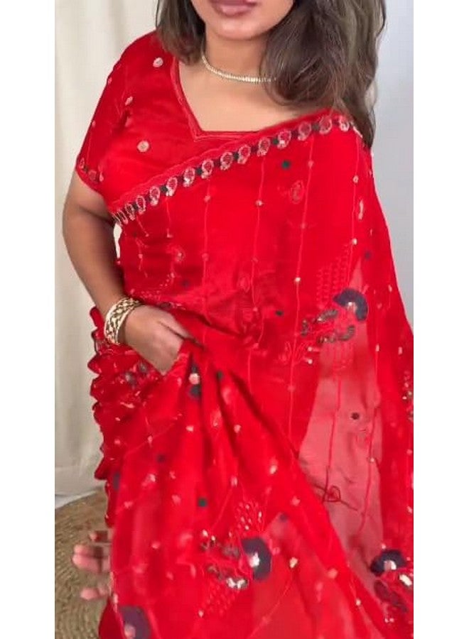 Women's Beautiful Embroidered Thread and Sequins Work Chiffon Saree With Blouse (Red)  - Image 5