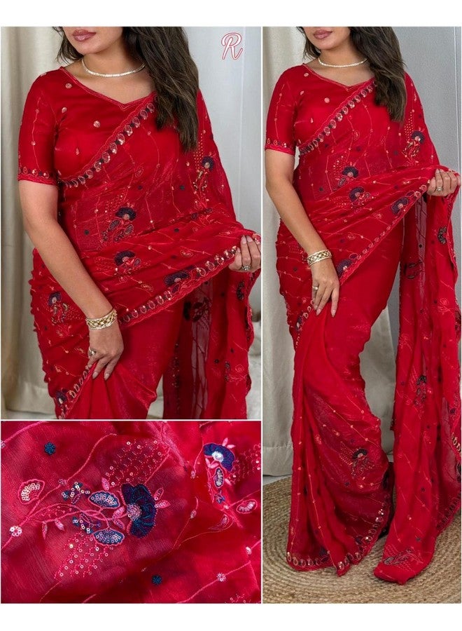 Women's Beautiful Embroidered Thread and Sequins Work Chiffon Saree With Blouse (Red)  - Image 2