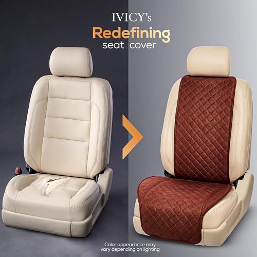 IVICY غطاء مقعد السيارة من IVICY مصنوع من الجلد المدبوغ - ناعم وغير قابل للانزلاق - واقيات مقاعد السيارة الأمامية لمعظم السيارات، الفانات، SUVs، الشاحنات - 1 وحدة - بني - Image 3