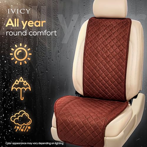 IVICY غطاء مقعد السيارة من IVICY مصنوع من الجلد المدبوغ - ناعم وغير قابل للانزلاق - واقيات مقاعد السيارة الأمامية لمعظم السيارات، الفانات، SUVs، الشاحنات - 1 وحدة - بني - Image 4