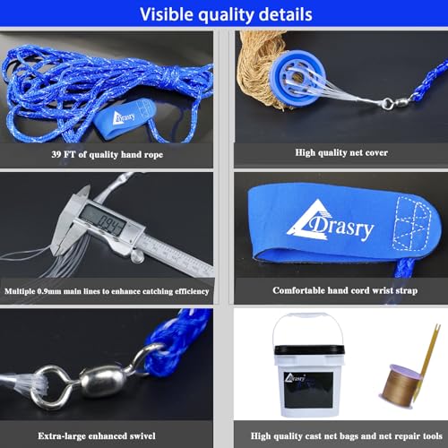 Drasry Saltwater Fishing Cast Net for Bait Trap with Heavy Sinkers Fish Throw Net. Size 3ft/4ft/5ft/6ft/7ft/8ft/9ft Radius Freshwater Nets(Tire Lines Cast Net（1/2Inch Mesh）, 4FT (120cm) Radius) - Image 4