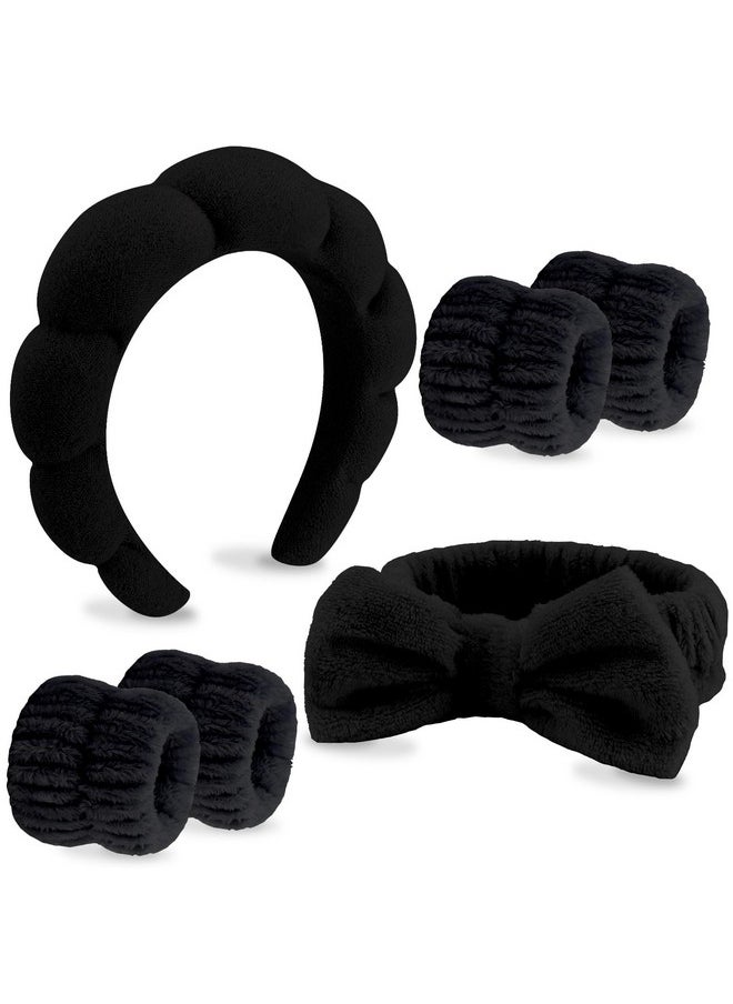 Velscrun 6 Pack Spa Headband Makeup Headband Face Wash Headband Skincare Headbands Black Sponge Hair Band Bow Tie Spa Headband For Washing Face Wristband Set Hair Accessories For Women Gifts  - Image 1