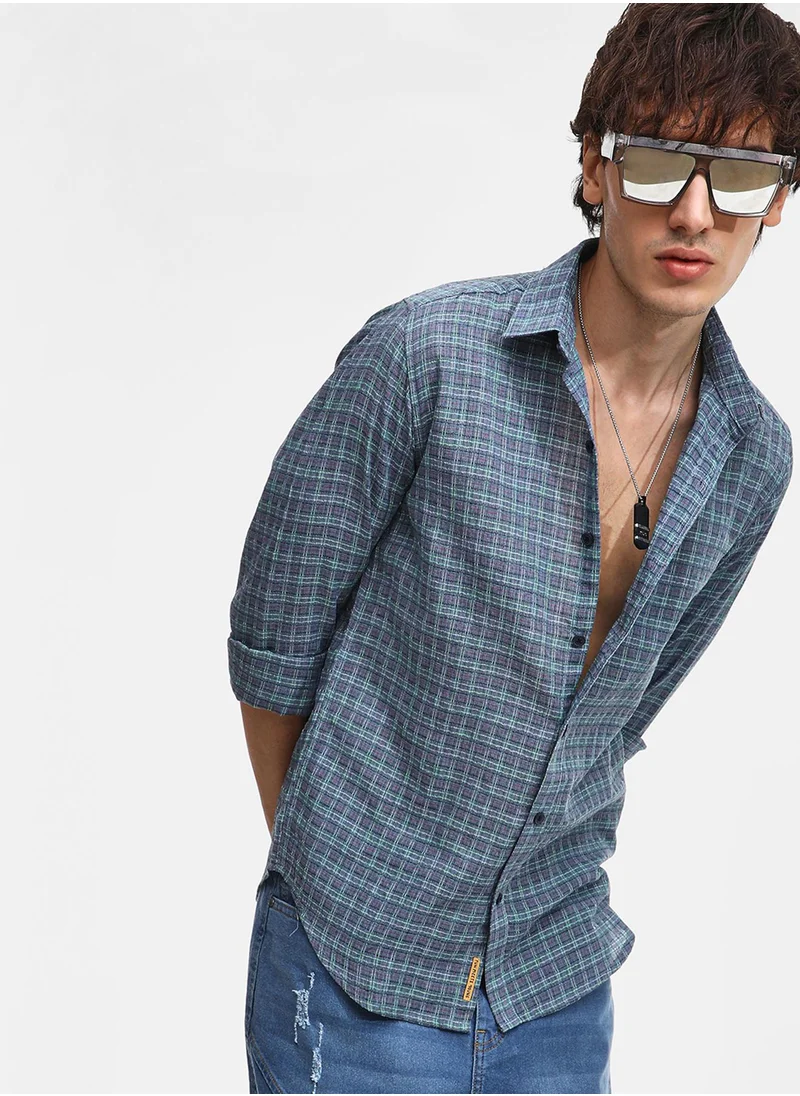 Campus Sutra Men's Icy Blue Micro-Tartan Plaid Shirt