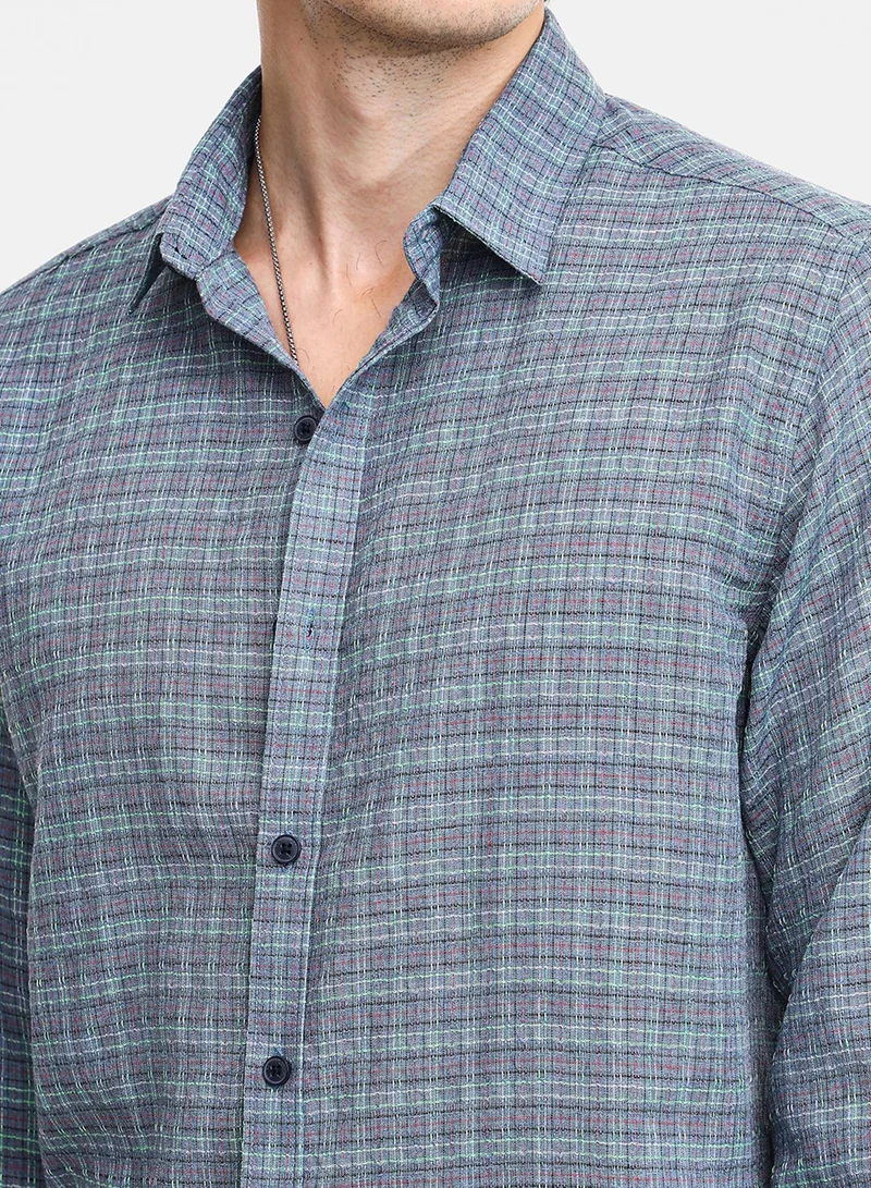 Campus Sutra Men's Icy Blue Micro-Tartan Plaid Shirt