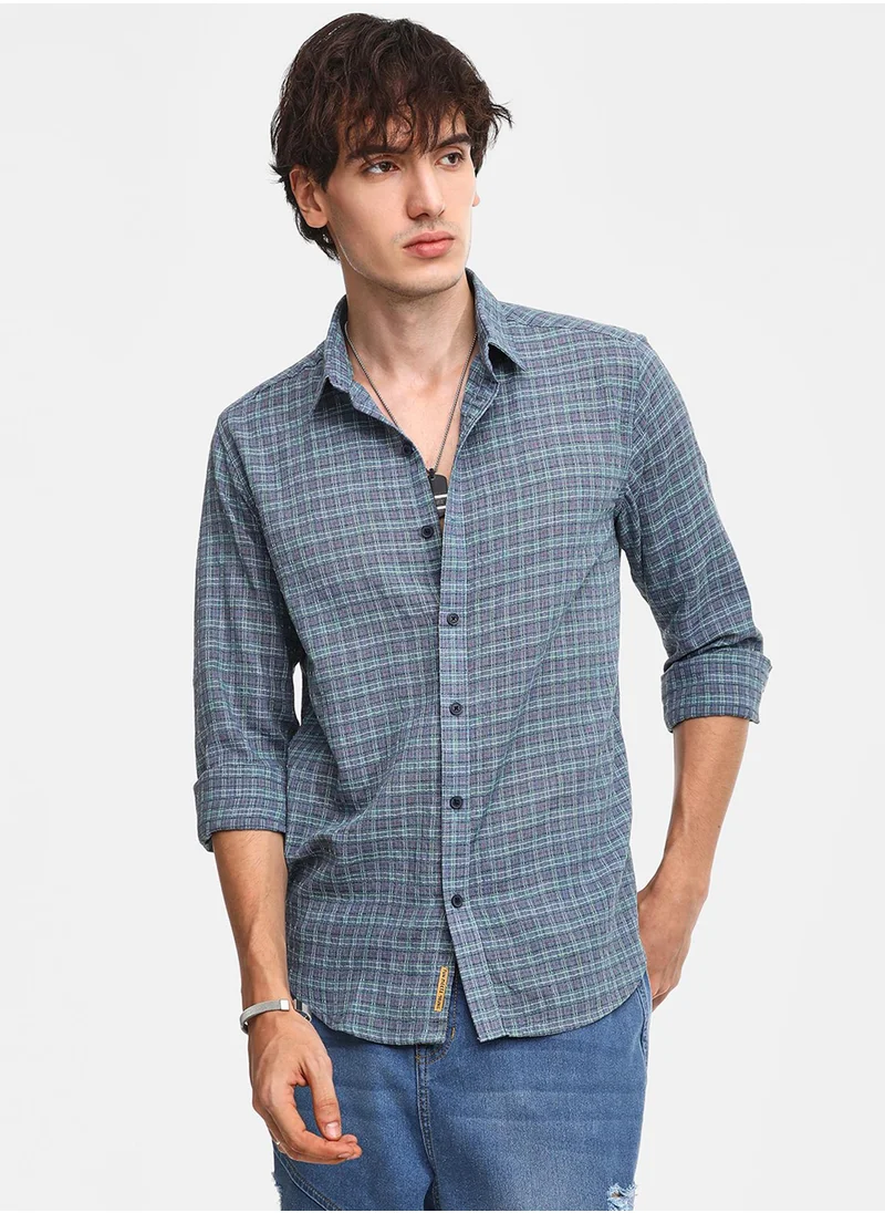 Campus Sutra Men's Icy Blue Micro-Tartan Plaid Shirt