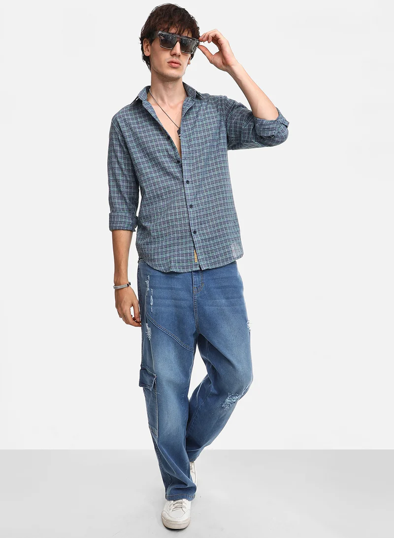 Campus Sutra Men's Icy Blue Micro-Tartan Plaid Shirt