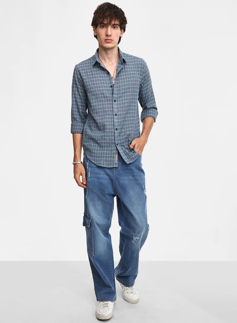 Campus Sutra Men's Icy Blue Micro-Tartan Plaid Shirt