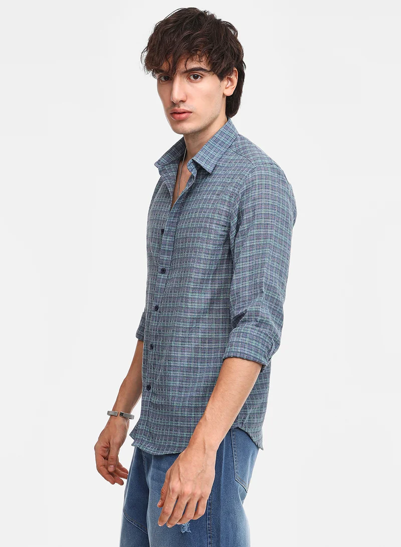 Campus Sutra Men's Icy Blue Micro-Tartan Plaid Shirt