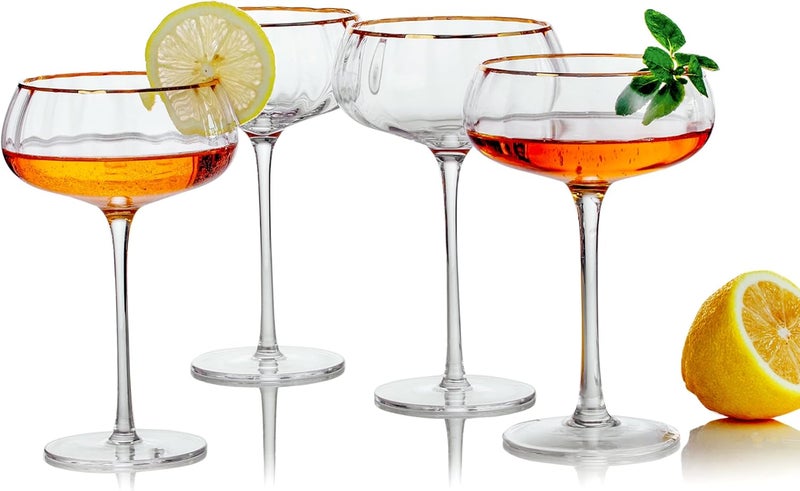 Lysenn Vintage Coupe Glasses Set of 4 - Hand Blown Gold Rim Martini Glasses - for Your Next Cocktail & Champagne Party - 9fl oz - Image 1