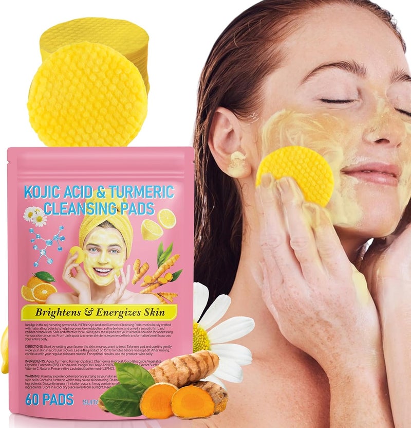 TailaiMei Kojic Acid and Turmeric Pads 60pcs Turmeric Kojic Acid Cleansing Pads Facial Sponges for Cleansing Balance Skin Oil And WaterGentle NonIrritating