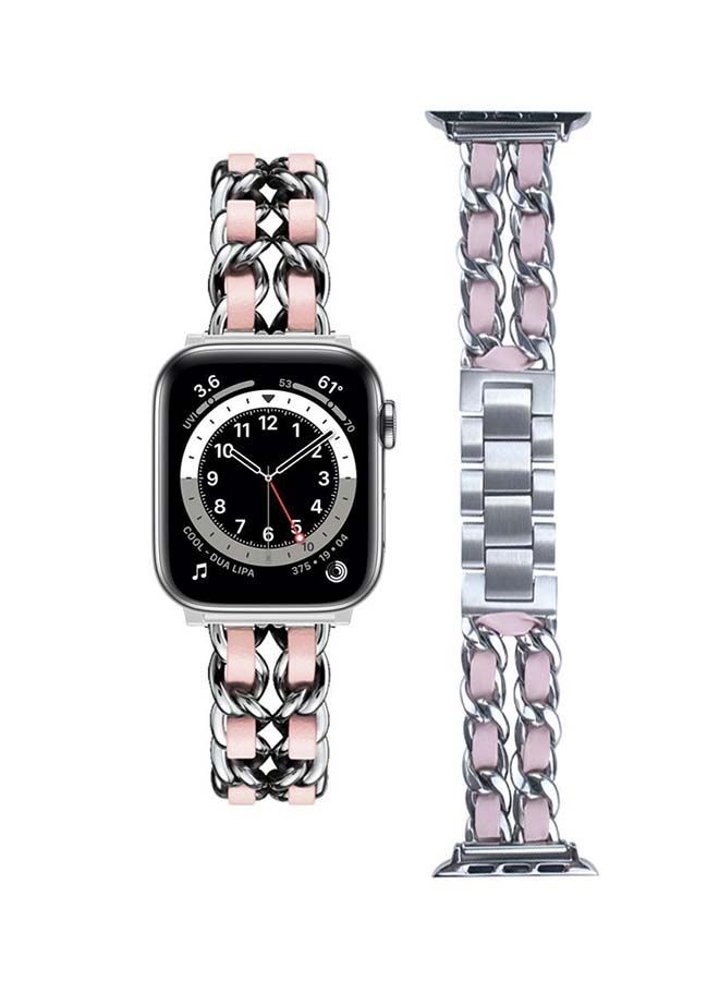 NIBEMINENT Chain Leather Replacement Band For Apple Watch Series 6/SE/5/4/3/2/1 Silver Pink