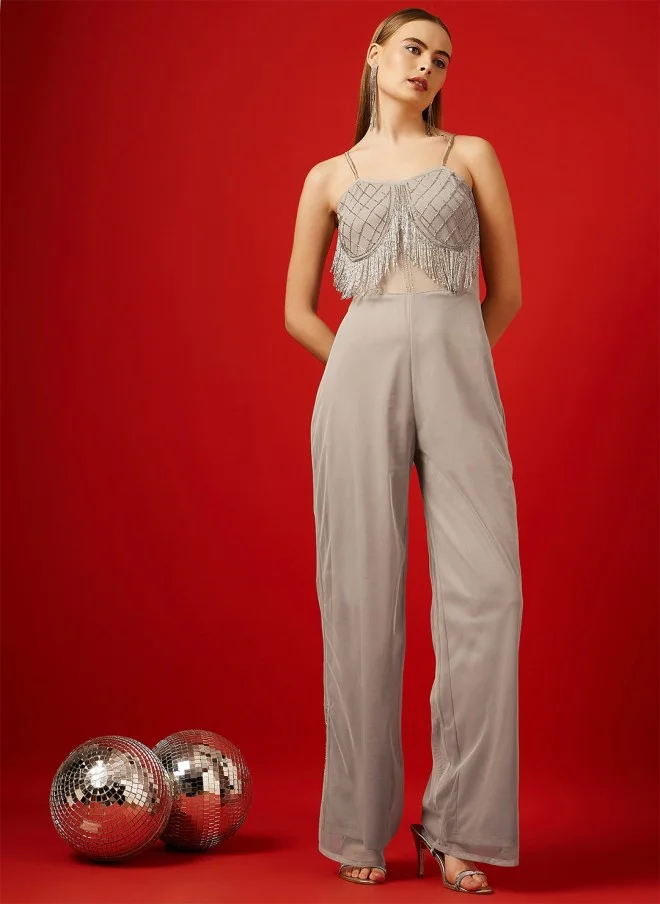 Grey Embellished Basic Jumpsuit for Women