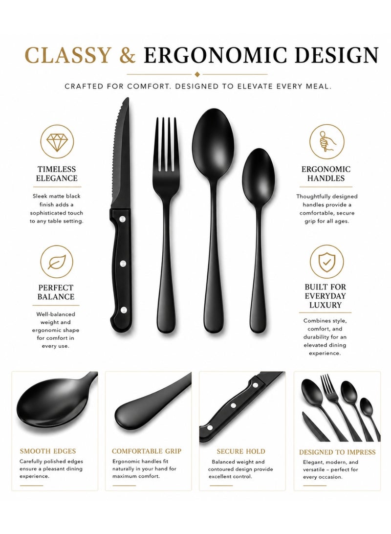 Eworld 24-Piece Black Stainless Steel Cutlery Set – Premium Food Grade Flatware Set for Home, Kitchen & Restaurant Use - Image 4