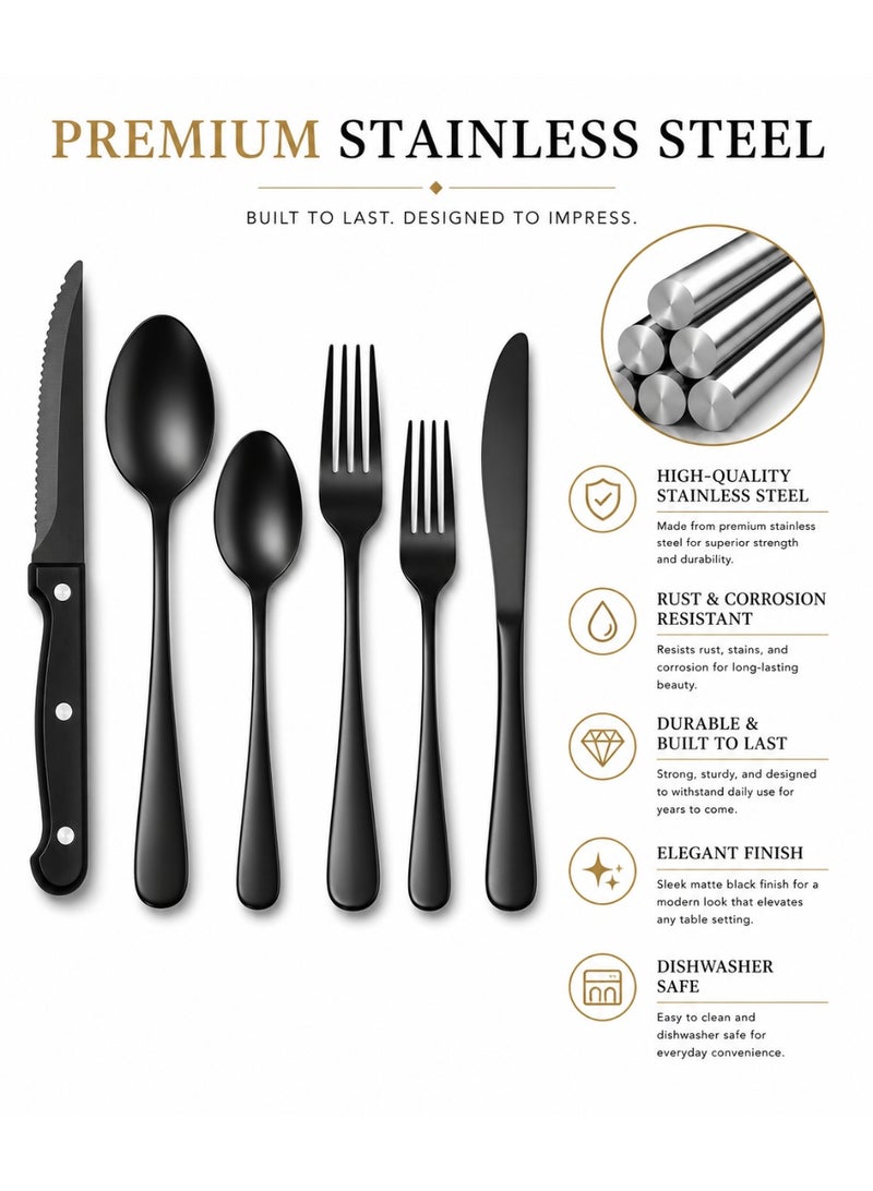 Eworld 24-Piece Black Stainless Steel Cutlery Set – Premium Food Grade Flatware Set for Home, Kitchen & Restaurant Use - Image 2
