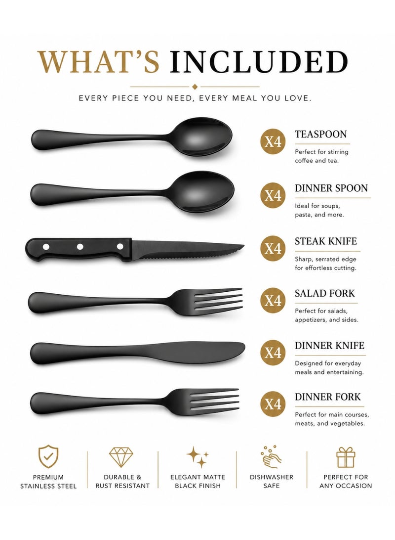 Eworld 24-Piece Black Stainless Steel Cutlery Set – Premium Food Grade Flatware Set for Home, Kitchen & Restaurant Use - Image 3