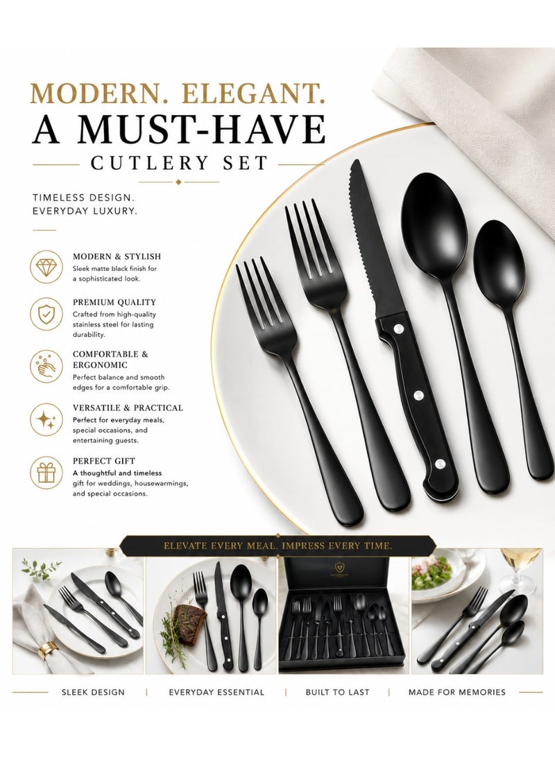 Eworld 24-Piece Black Stainless Steel Cutlery Set – Premium Food Grade Flatware Set for Home, Kitchen & Restaurant Use - Image 5