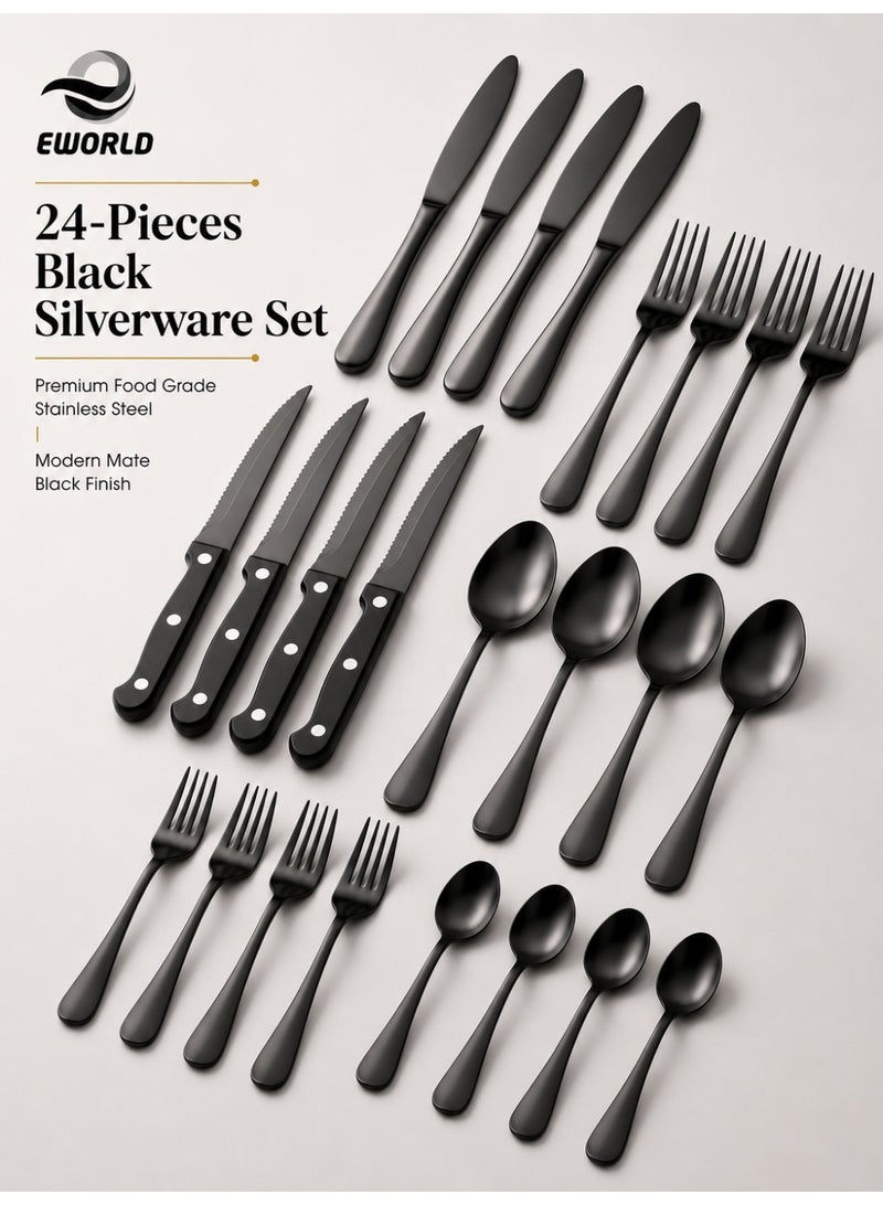 Eworld 24-Piece Black Stainless Steel Cutlery Set – Premium Food Grade Flatware Set for Home, Kitchen & Restaurant Use - Image 1