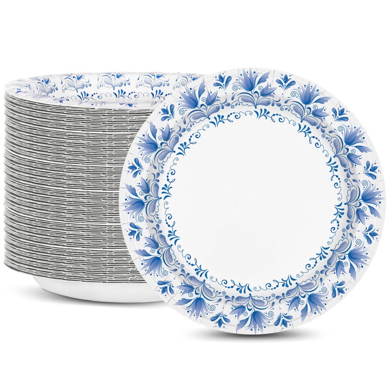 Charmount Blue Flower Printed Paper Plates - Bulk 8.5 Inch, 150pcs, Soak & Cut Proof for Parties & Daily Use - Image 1