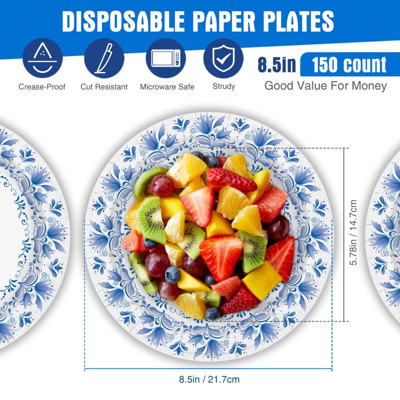 Charmount Blue Flower Printed Paper Plates - Bulk 8.5 Inch, 150pcs, Soak & Cut Proof for Parties & Daily Use - Image 2