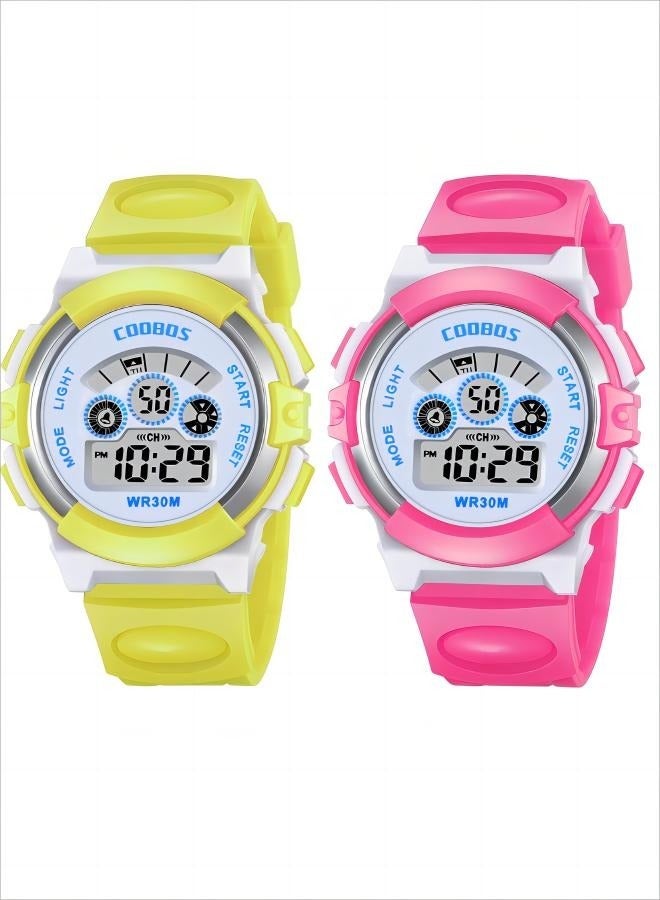 COOBOS 2PCS Children's Waterproof Rubber Digital Watch Pink/Yellow - Image 1