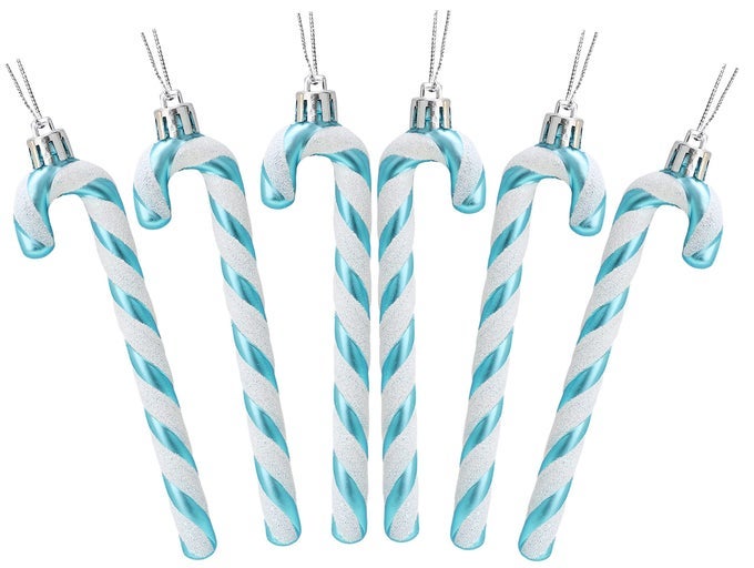 Pack Of 613cm Glitter Candy Cane Christmas Tree Decorations Turquoise White