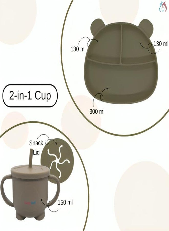 Babylief Baby Feeding Set, Silicone Plate with Suction Base and 2-in-1 (Sippy Cup & Snack Cup) Combo (Olive Green) - Image 4