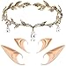 FRESHME Cosplay Fairy Elf Ears with Rhinestone Leaf Headband Kit Medium and Long Elf Ears and Silver Crystal Leaf Headpiece Bridal Crown Christmas Renaissance Halloween Custome Hair Accessories - Image 3