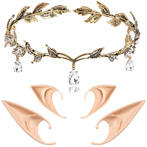 FRESHME Cosplay Fairy Elf Ears with Rhinestone Leaf Headband Kit Medium and Long Elf Ears and Silver Crystal Leaf Headpiece Bridal Crown Christmas Renaissance Halloween Custome Hair Accessories - Image 1