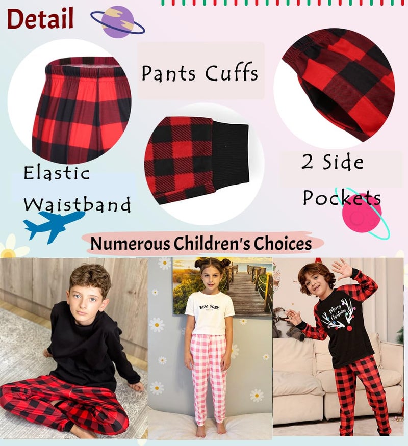 Ekouaer Boys Jogger Pajama Long Plaid Pj Pants Elastic Waistband Lounge Pants with Pockets Black Plaid 13-14 Years - Image 4