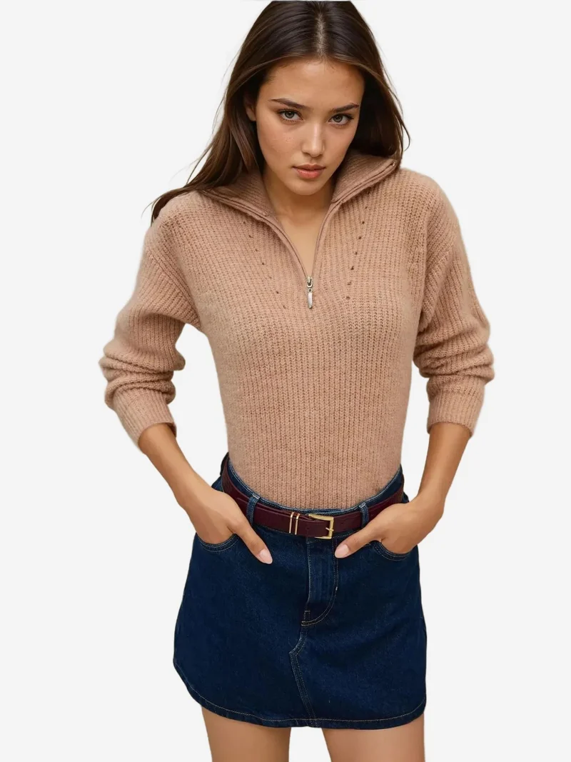 HICCUP Natural Basic Knitwear Sweater with Zipper Collar for Women | Best Price UAE