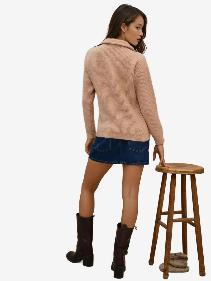 HICCUP Natural Basic Knitwear Sweater with Zipper Collar for Women | Best Price UAE