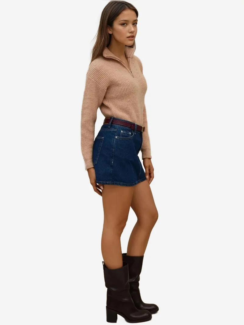 HICCUP Natural Basic Knitwear Sweater with Zipper Collar for Women | Best Price UAE