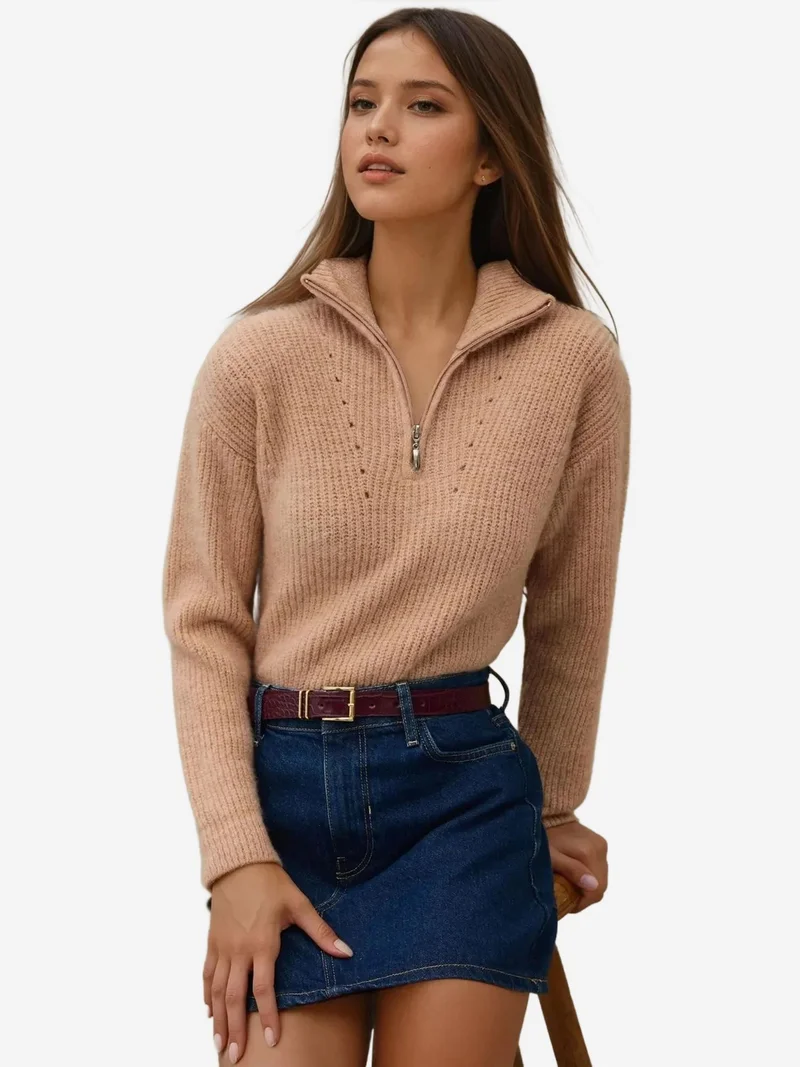 Basic Knitwear Sweater with Zipper Collar