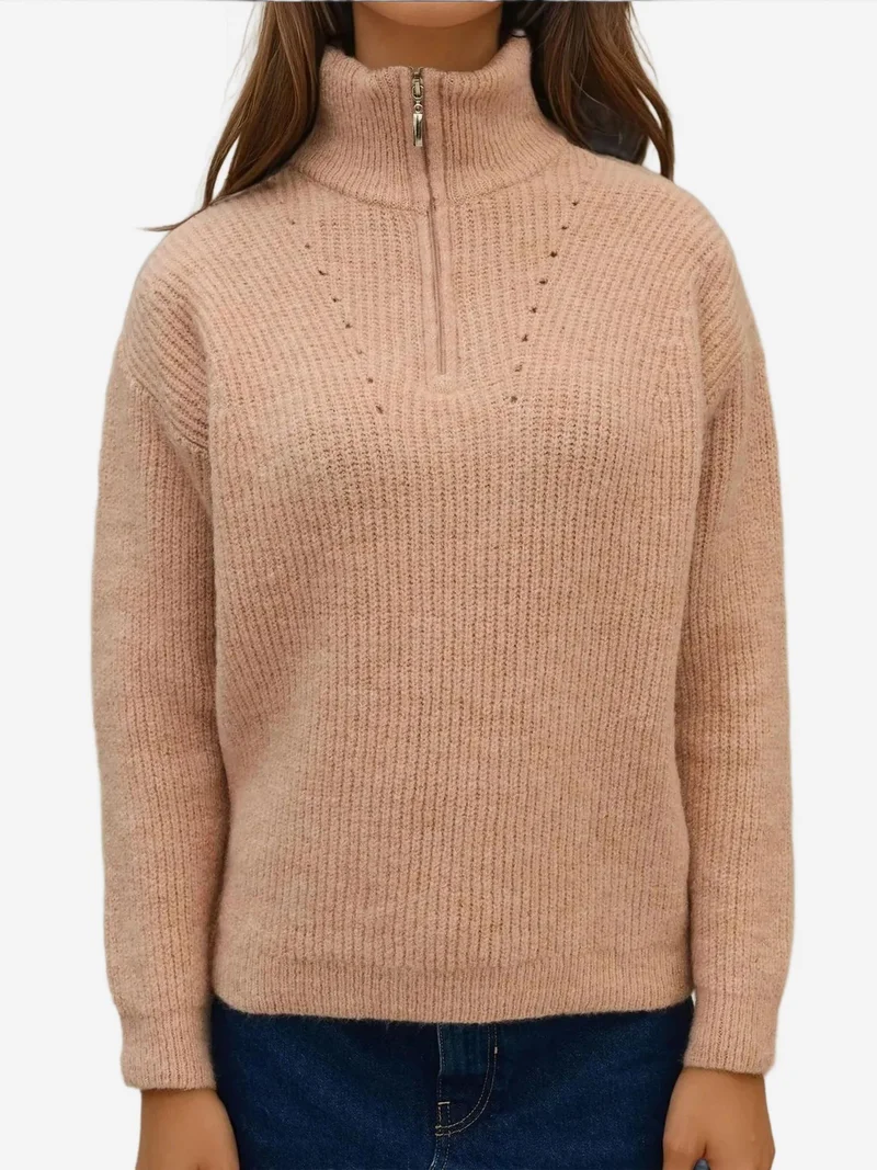 HICCUP Natural Basic Knitwear Sweater with Zipper Collar for Women | Best Price UAE