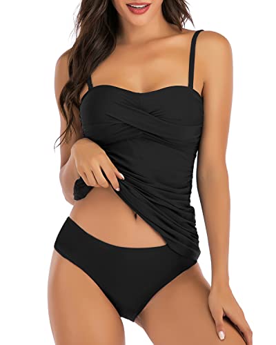 Shuangyu Tankini Bathing Suits for Women Ruched Bandeau Two Piece Swimwear Tummy Control Tankini Swimsuits with Bikini Bottom Black M - Image 1