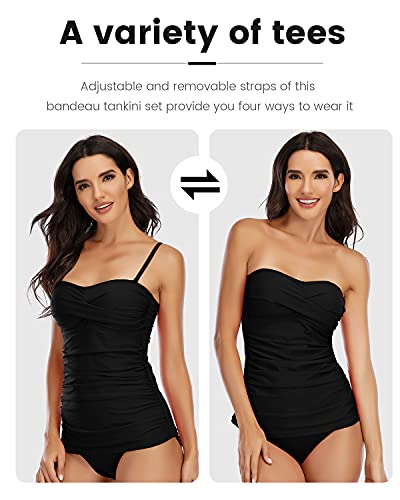 Shuangyu Tankini Bathing Suits for Women Ruched Bandeau Two Piece Swimwear Tummy Control Tankini Swimsuits with Bikini Bottom Black M - Image 4