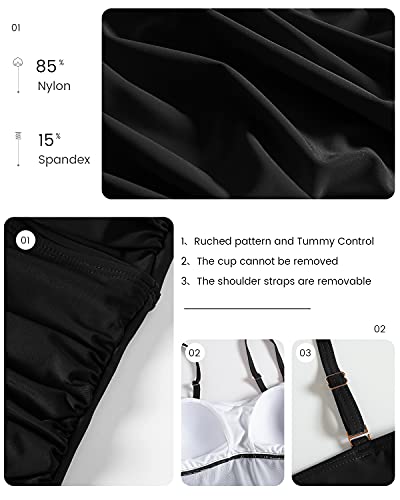 Shuangyu Tankini Bathing Suits for Women Ruched Bandeau Two Piece Swimwear Tummy Control Tankini Swimsuits with Bikini Bottom Black M - Image 5