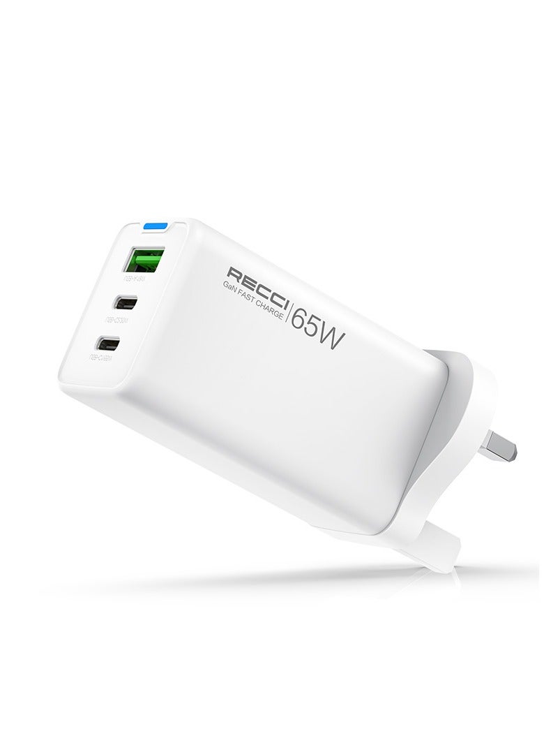 ريتشي 3 منافذ شاحن USB C GaN GaN قابس PD 65W من النوع C AIPD3.0 و QC3.0 محول توصيل الطاقة الرئيسي السريع على الحائط لأجهزة الكمبيوتر المحمول MacBook Pro Air Steam Deck iPad iPhone 16 15 Series Samsung S24 23 Ultra Honor Xiaomi Lenovo أبيض - Image 1