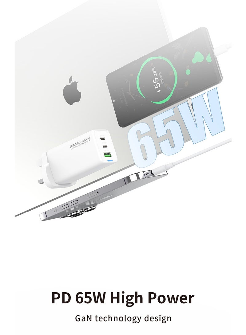 ريتشي 3 منافذ شاحن USB C GaN GaN قابس PD 65W من النوع C AIPD3.0 و QC3.0 محول توصيل الطاقة الرئيسي السريع على الحائط لأجهزة الكمبيوتر المحمول MacBook Pro Air Steam Deck iPad iPhone 16 15 Series Samsung S24 23 Ultra Honor Xiaomi Lenovo أبيض - Image 3