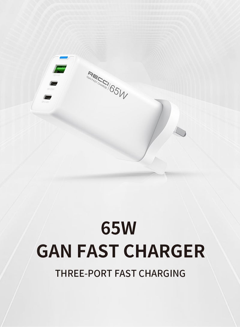 ريتشي 3 منافذ شاحن USB C GaN GaN قابس PD 65W من النوع C AIPD3.0 و QC3.0 محول توصيل الطاقة الرئيسي السريع على الحائط لأجهزة الكمبيوتر المحمول MacBook Pro Air Steam Deck iPad iPhone 16 15 Series Samsung S24 23 Ultra Honor Xiaomi Lenovo أبيض - Image 2