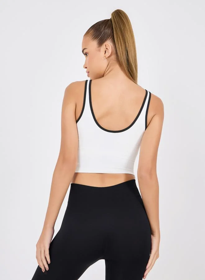 Styli Textured Contrast Trim Half Zip Up Longline Sports Bra